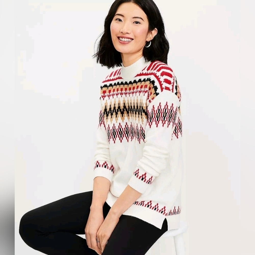 Ann Taylor LOFT Fair Isle Mock Neck Tunic Ski Sweater, size L, Whisper White - Picture 2 of 7